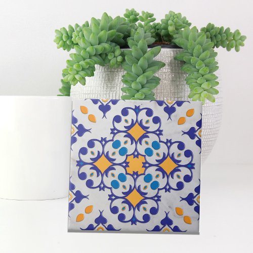 Blue Orange White Marble Portuguese Motifs Ceramic Tile