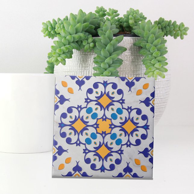 Blue Orange White Marble Portuguese Motifs Ceramic Tile (Creator Uploaded)