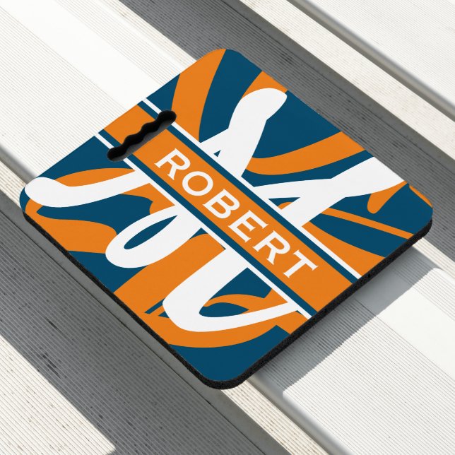 Blue Orange & White Monogrammed Sports Stadium Seat Cushion (In Situ)