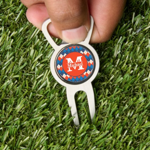 Blue Orange White Preppy Sporty Argyle Personalize Divot Tool