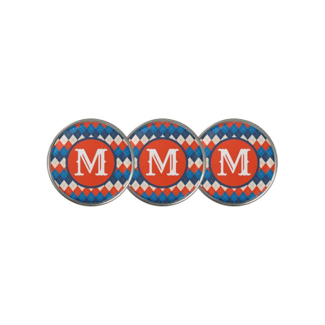 Blue Orange White Preppy Sporty Argyle Personalize Golf Ball Marker (3 Up)