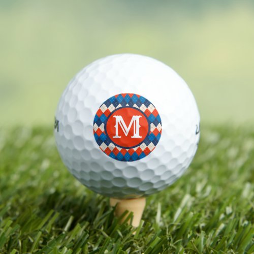Blue Orange White Preppy Sporty Argyle Personalize Golf Balls