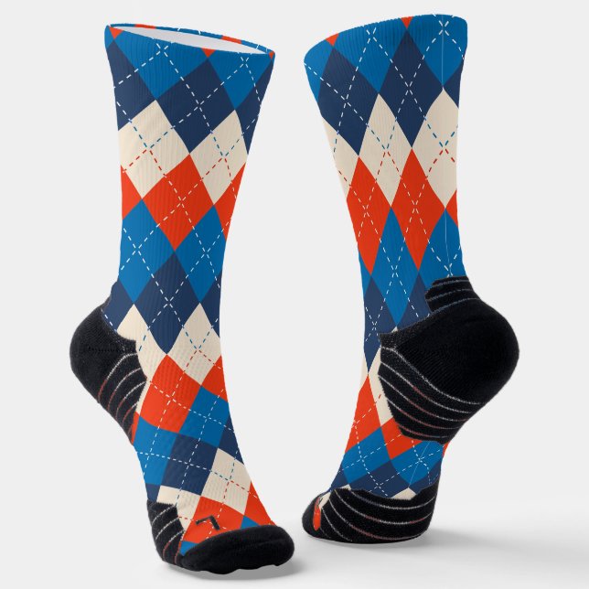 Blue Orange White Preppy Sporty Argyle Personalize Socks (Angled)