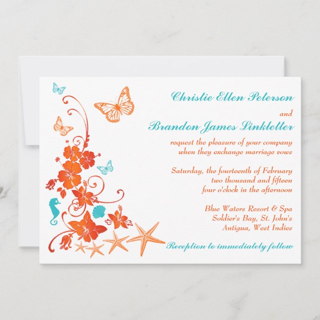 Blue, Orange, White Tropical Beach Wedding Invite (Front)