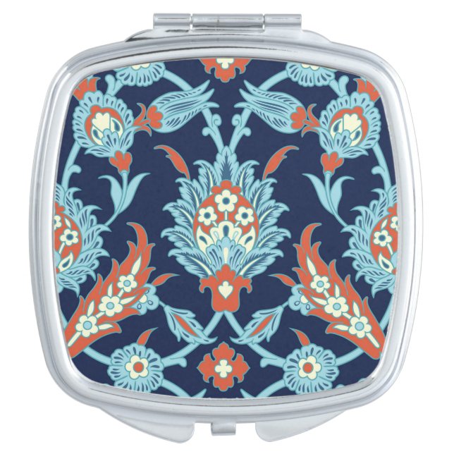 Blue Orange White Turkish Oriental Floral Pattern Compact Mirror (Front)