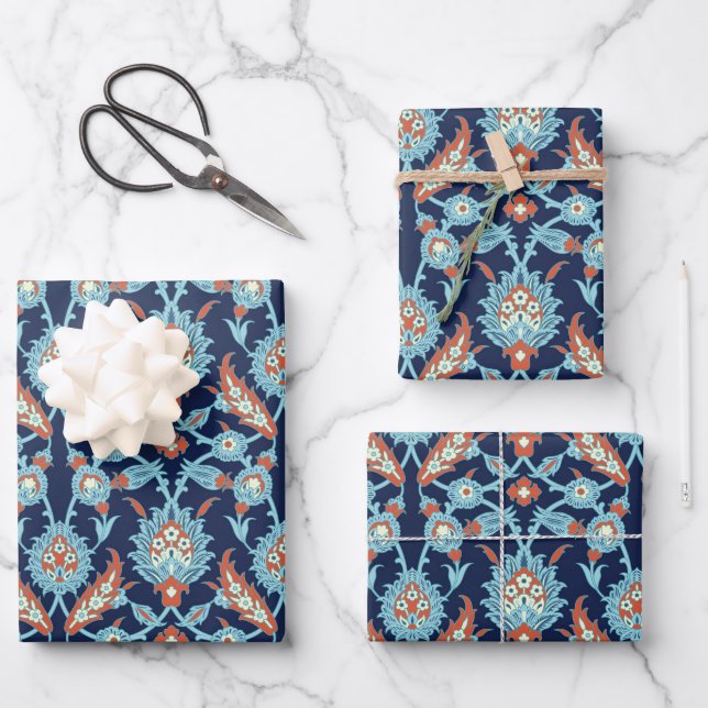 Blue Orange White Turkish Oriental Floral Pattern  Wrapping Paper Sheets (Front)