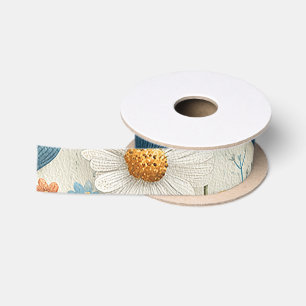 Blue Orange Wildflower Floral  Satin Ribbon