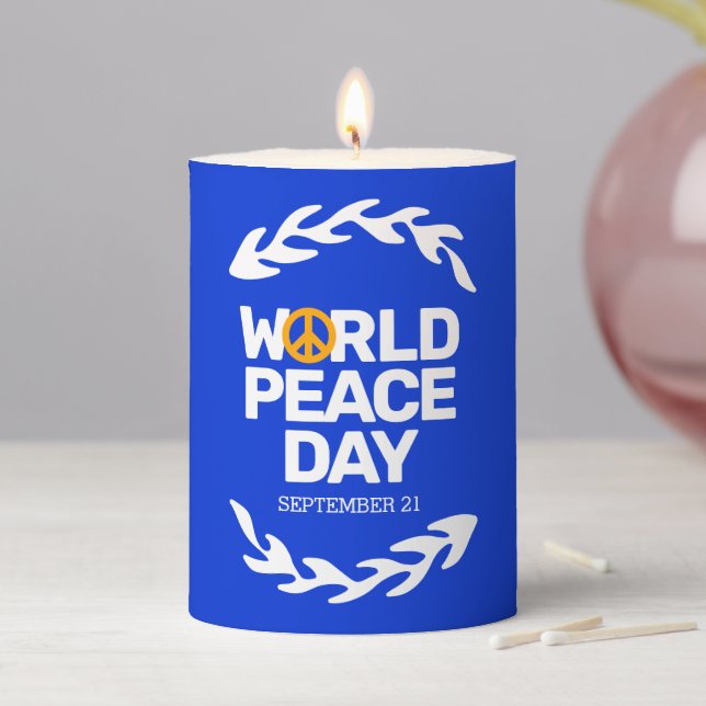 Blue Orange World Peace Day Peace Sign Pillar Candle (In Situ)