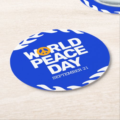 Blue Orange World Peace Day Peace Sign Round Paper Coaster