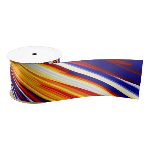 Blue Orange Yellow Abstract Geometric Feathers Satin Ribbon