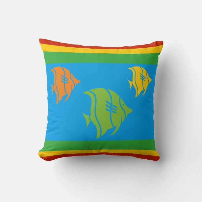 blue, orange, yellow, and Green fish on white Throw Pillow (Front)