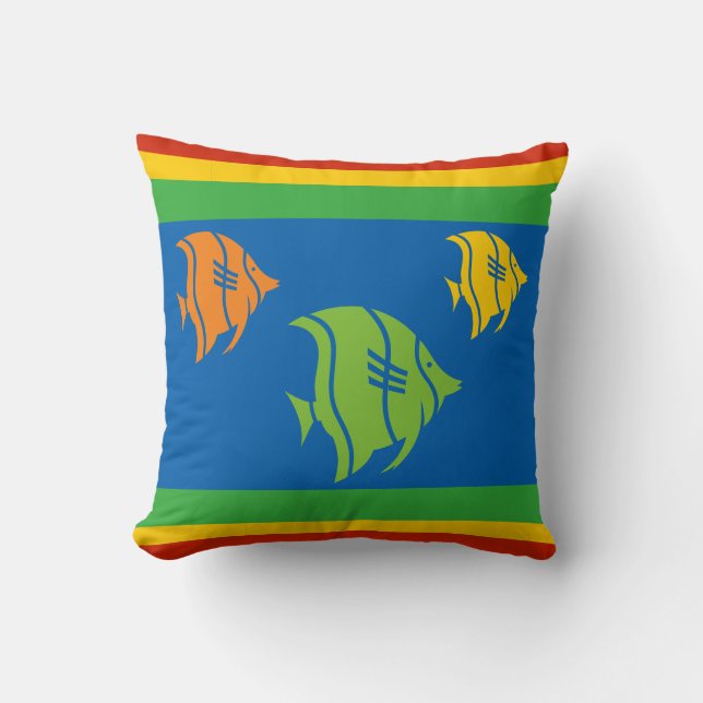 blue, orange, yellow, and Green fish on white Throw Pillow (Front)