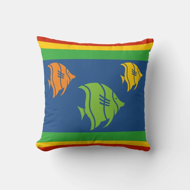 blue, orange, yellow, and Green fish on white Throw Pillow (Front)