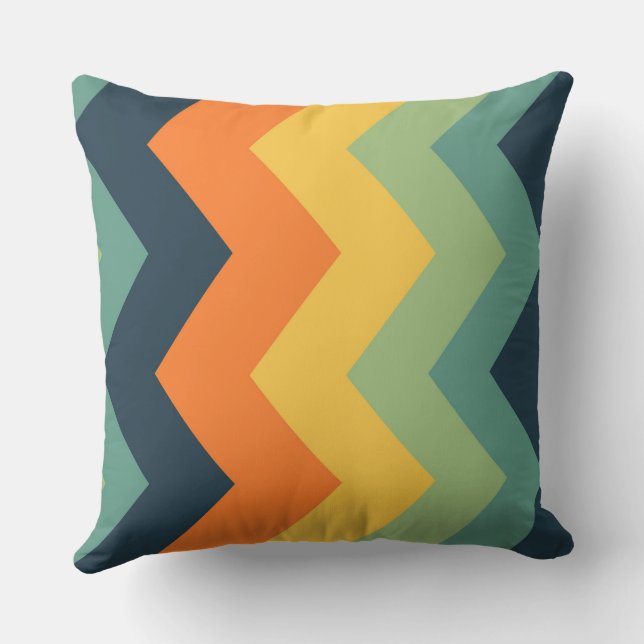blue, orange, yellow, and greens chevron Pattern Throw Pillow (Back)