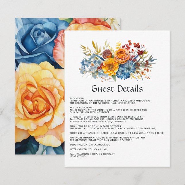 Blue, Orange, Yellow and Red Floral Guest Details Enclosure Card (Front/Back)