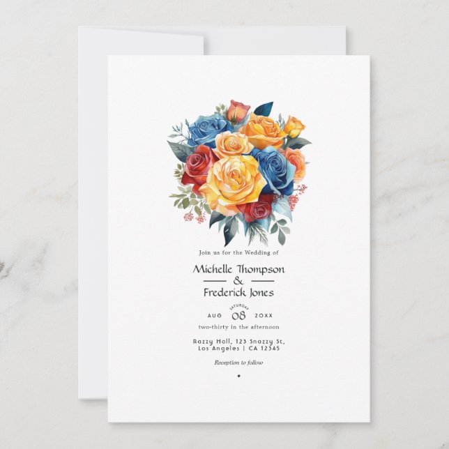 Blue, Orange, Yellow, and Red Floral Wedding Invitation (Front)