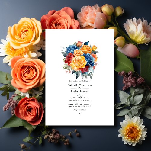Blue Orange Yellow and Red Floral Wedding Invitation