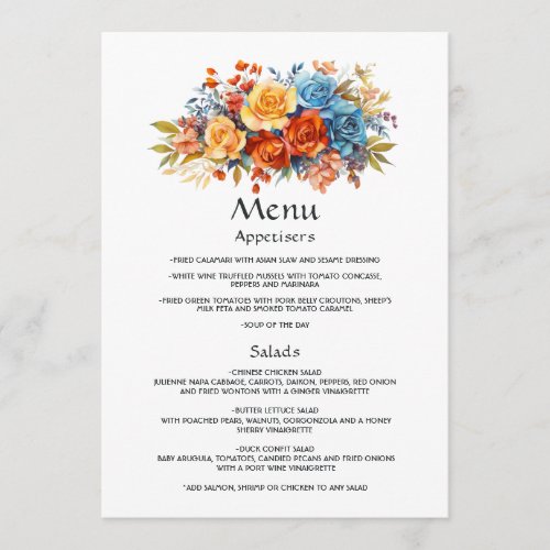 Blue Orange Yellow and Red Floral Wedding Menu