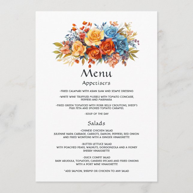 Blue, Orange, Yellow, and Red Floral Wedding Menu (Front)