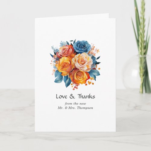 Blue Orange Yellow and Red Floral Wedding Photo Thank You Card