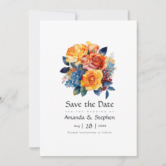 Blue, Orange, Yellow and Red Floral Wedding Save The Date (Front)