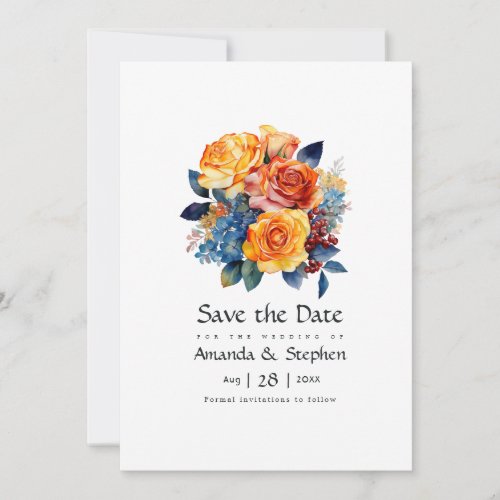 Blue Orange Yellow and Red Floral Wedding Save The Date