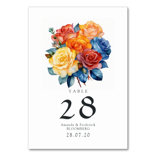 Blue, Orange, Yellow, and Red Floral Wedding Table Number (Front)