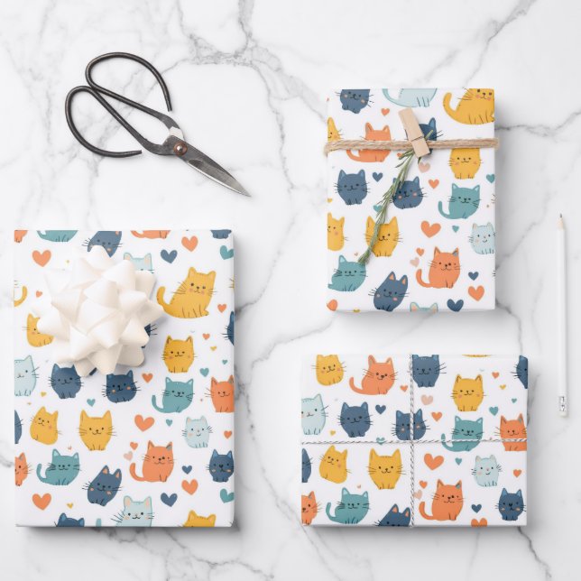 Blue Orange Yellow Cute Cats Baby Shower Birthday Wrapping Paper Sheets (Front)