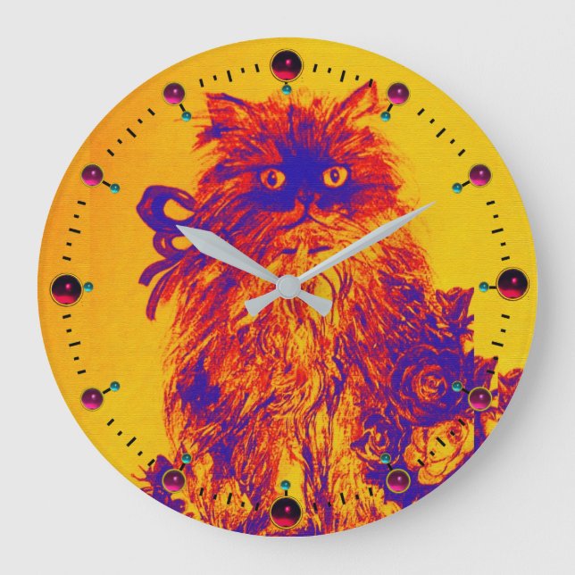 BLUE ORANGE YELLOW KITTY CAT,KITTEN AND ROSES LARGE CLOCK (Front)