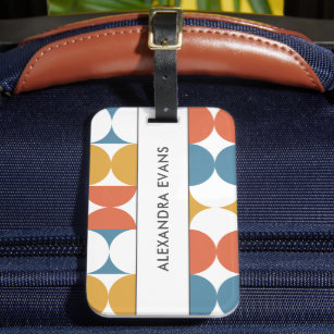 Blue orange yellow mid century modern monogram luggage tag