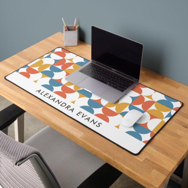 Blue Orange Yellow Retro Print MONOGRAM Desk Mat (Office 2)