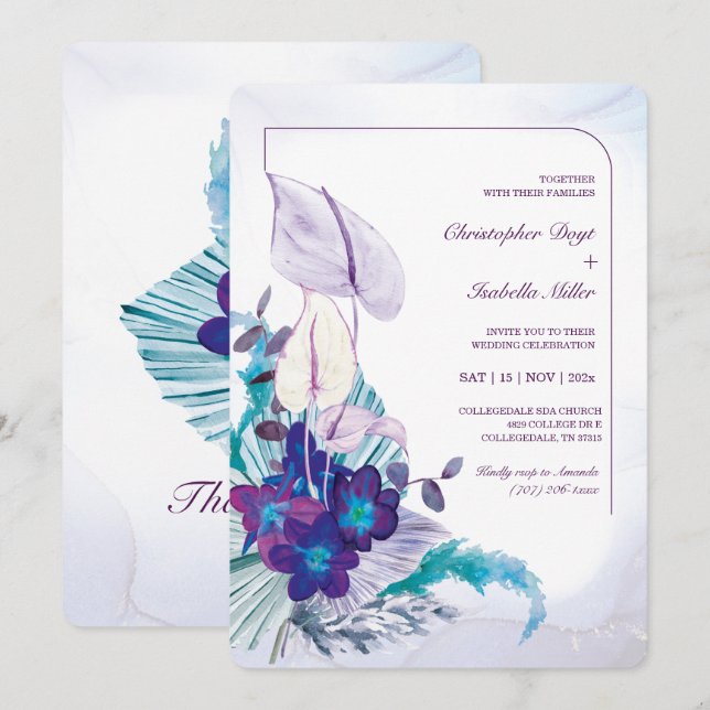 Blue Orchid and Calla Lily Wedding  Invitation (Front/Back)