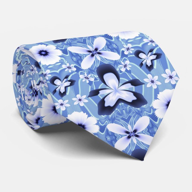 Blue Orchid Artistic Flower Fractal Art Pattern Neck Tie (Rolled)