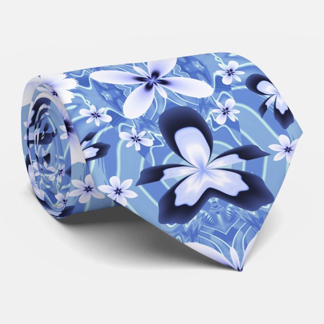 Blue Orchid Artistic Fractal Flower Art Pattern Neck Tie (Rolled)