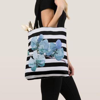 Blue Orchid Black And White Stripe Tote Bag by Lovewhatwedo at Zazzle
