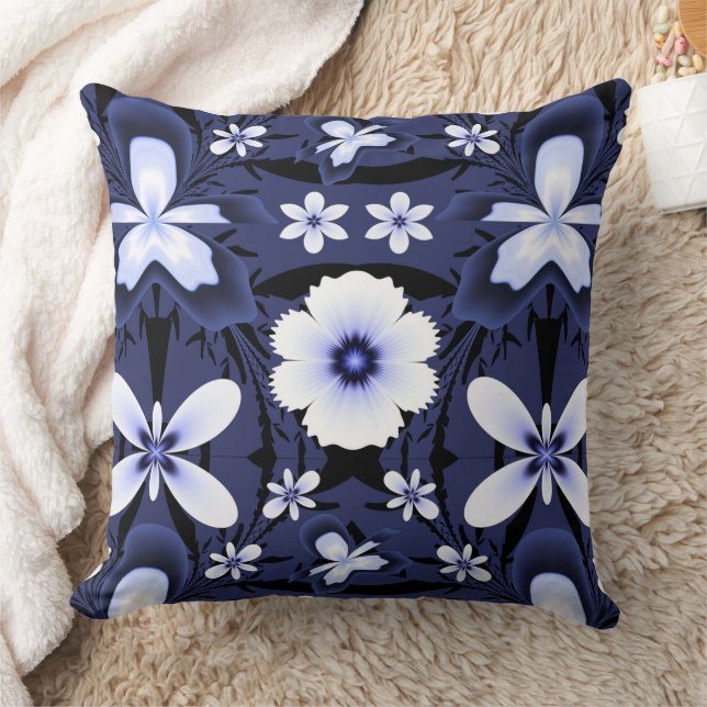 Blue Orchid Elegant Flowers Fractal Art  Throw Pillow (Blanket)