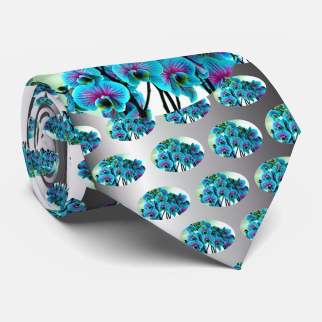 Blue Orchid Flower Bouquet Neck Tie (Rolled)