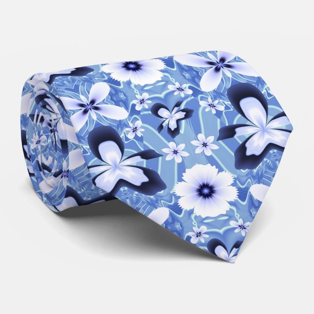 Blue Orchid Flower Fractal Art Pattern Neck Tie (Rolled)