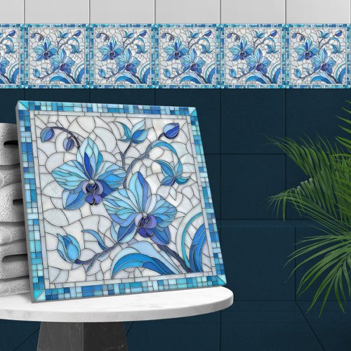 Blue Orchid Flower Mosaic Art Ceramic Tile