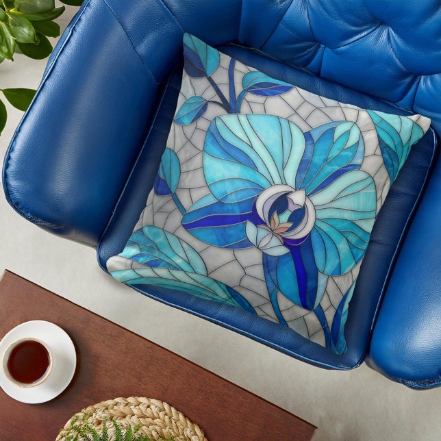 Blue Orchid Flower Mosaic Throw Pillow (Creator Uploaded)