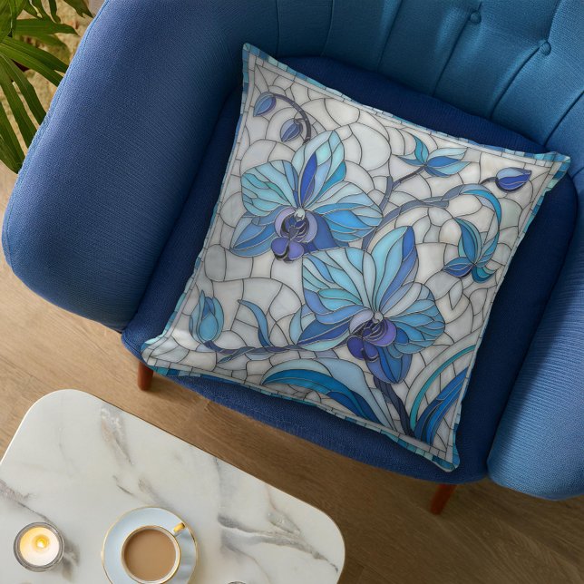 Blue Orchid Flower Mosaic Throw Pillow (Creator Uploaded)