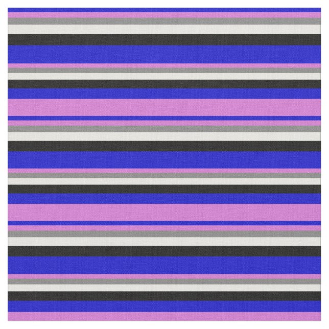 Blue, Orchid, Gray, White & Black Striped Pattern Fabric (Close Up)