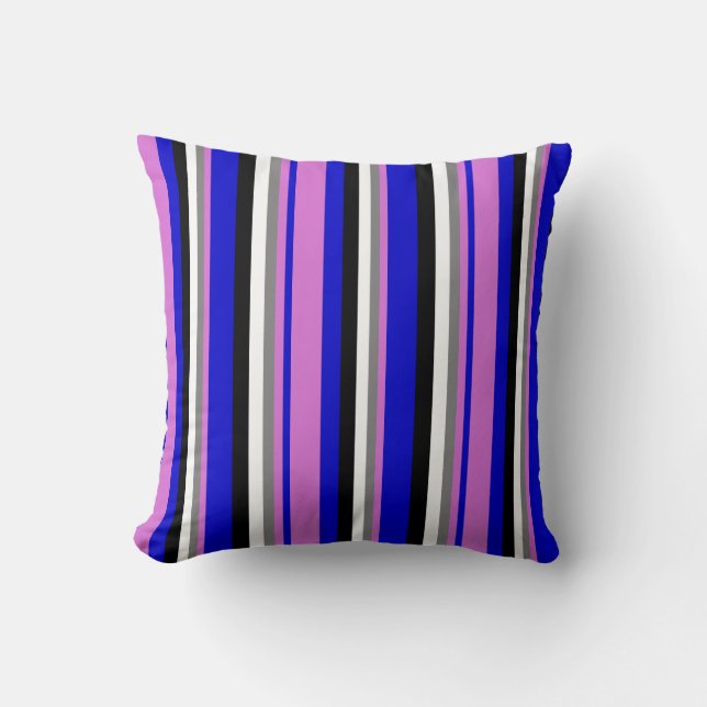 Blue, Orchid, Gray, White & Black Striped Pattern Throw Pillow (Front)