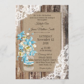 Blue Orchid Peony Wood Lace Rustic Wedding Invitation by NouDesigns at Zazzle