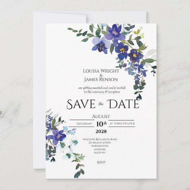 Blue Orchid Save the Date Wedding Invitation (Front)