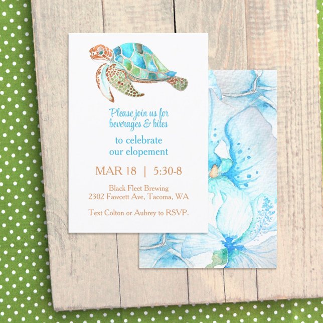 Blue Orchid, Sea Turtle Elopement Reception Party Invitation (tropical sea turtle blue turquoise aqua watercolor orchid elopement after-party reception dinner)