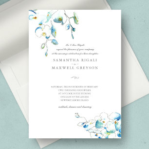 Blue Orchid Watercolor Flowers Wedding Invitation
