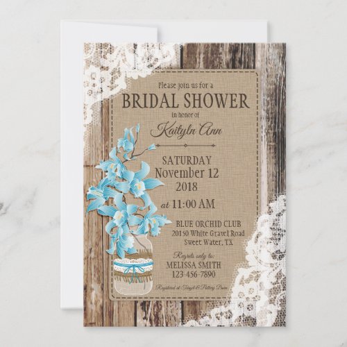 Blue Orchid Wood Lace Rustic Bridal Shower Invitation