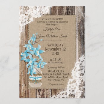 Blue Orchid Wood Lace Rustic Wedding Invitation by NouDesigns at Zazzle
