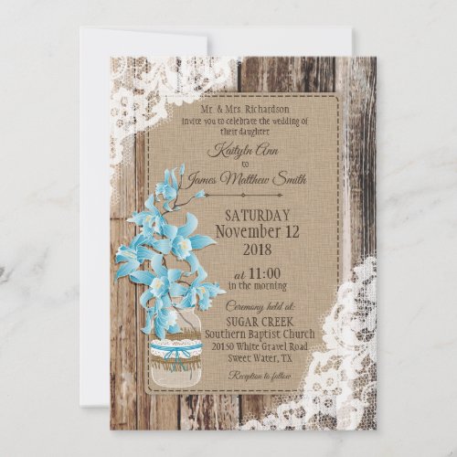 Blue Orchid Wood Lace Rustic Wedding Invitation